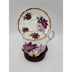 Royal Victoria English Bone China Gold Trim Teacup & Saucer Purple flowers